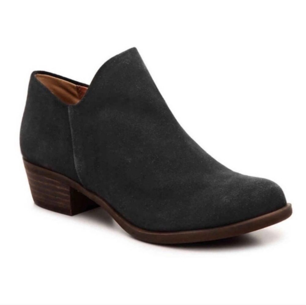 Lucky Brand LP Brett Women's Black Suede Leather Side Zip Ankle Boots.